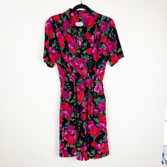 Vintage Floral Romper 80s Black V-Neck Short Sleeve Boho Festival Garden Party M - Picture 2 of 11